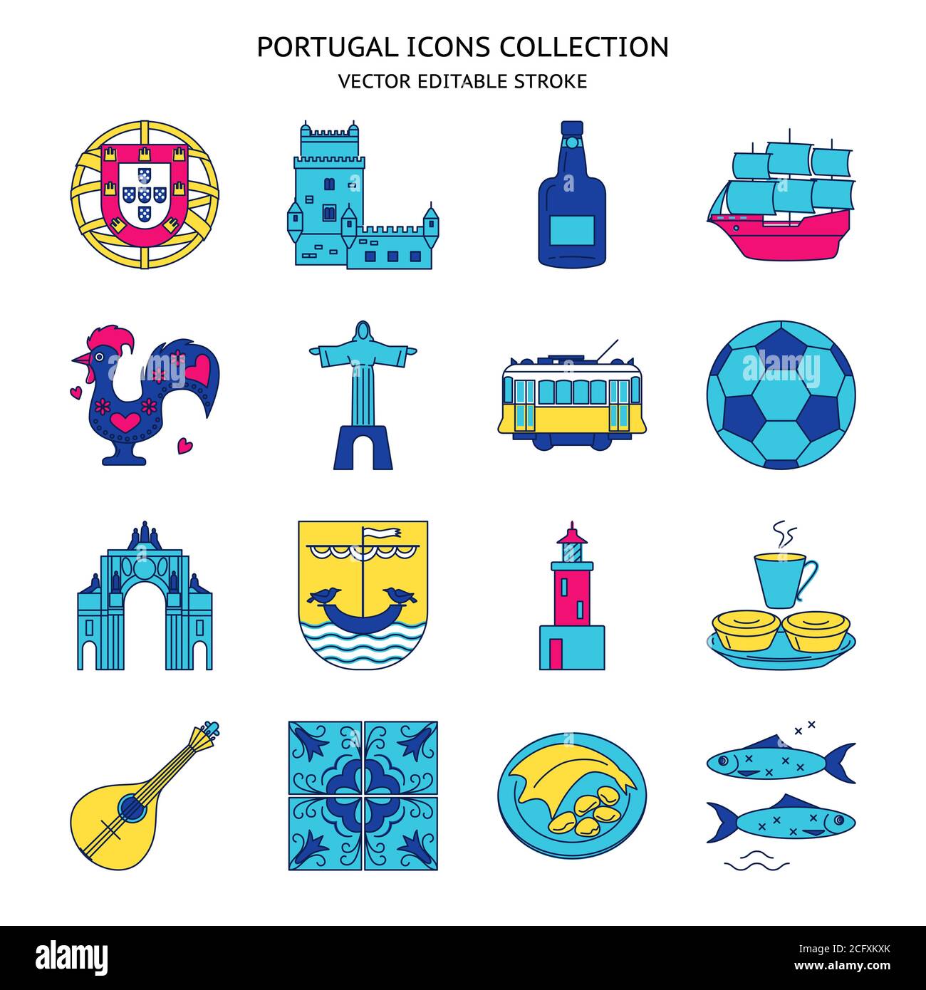 Les icônes du Portugal se présentent sous forme de lignes colorées. Symboles traditionnels, dont le fado de guitare, l'emblème portugais, le Christo rei, le coq, le vin de porto. Edition de vecteur Illustration de Vecteur