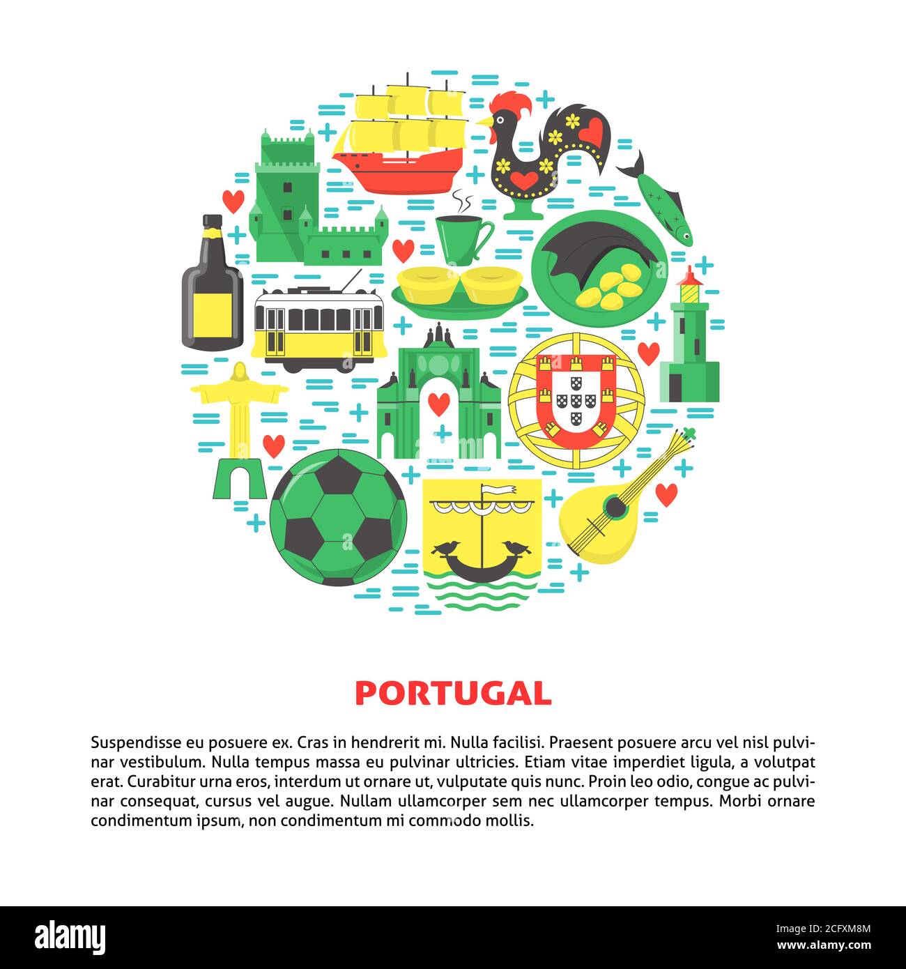 Concept Portugal Round avec icônes dans un style plat. Symboles traditionnels avec culture nationale, cuisine et attractions. Bannière de voyage ou affiche templ Illustration de Vecteur