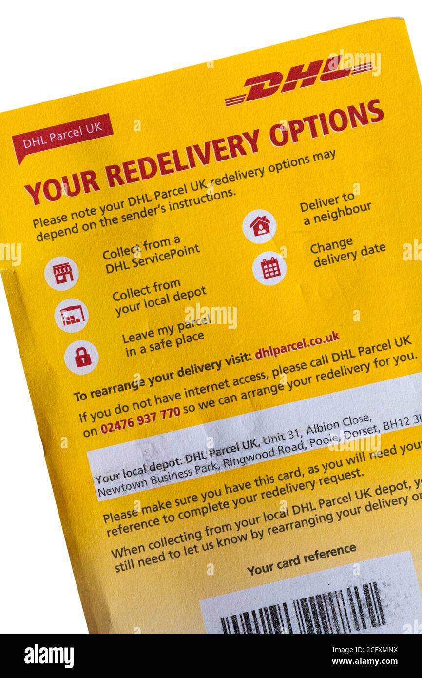 Lot de cartes de livraison DHL Parcel UK sur fond blanc - vos options de livraison Banque D'Images