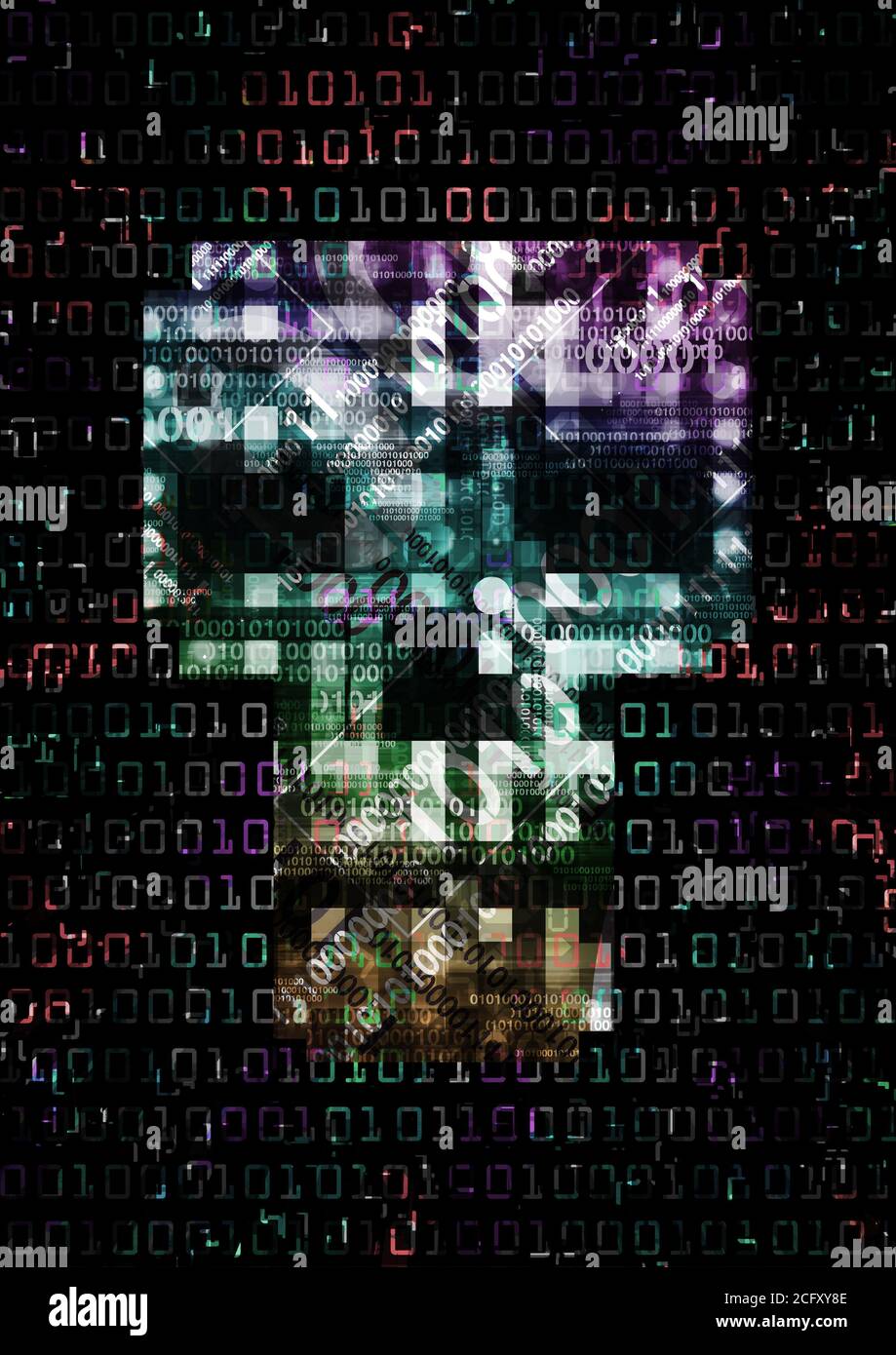 Symbole crâne, virus informatique, arrière-plan. Illustration du signe crâne abstrait avec codes binaires détruits. Piratage Web. Concept de piratage en ligne. Banque D'Images