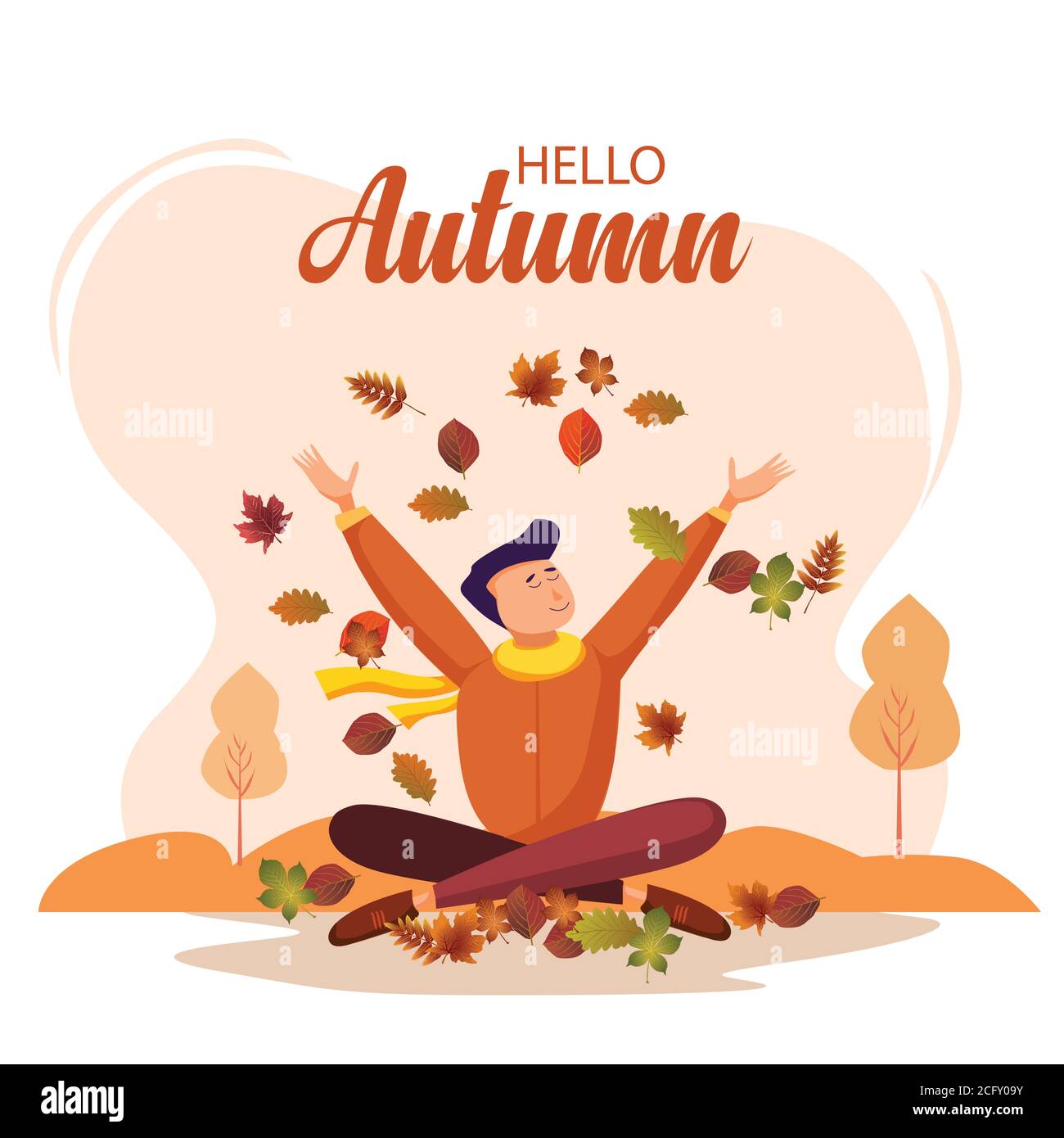 jeune garçon avec des feuilles d'automne. bonjour illustration d'automne. il jette des feuilles d'automne Illustration de Vecteur