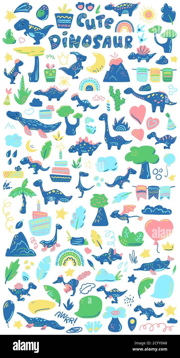 Dinosaures mignons et éléments naturels clipart. Décor dinosaure party. Enfants anniversaire ou décoration de douche de bébé. Dinosaure drôle et nature préhistorique Illustration de Vecteur