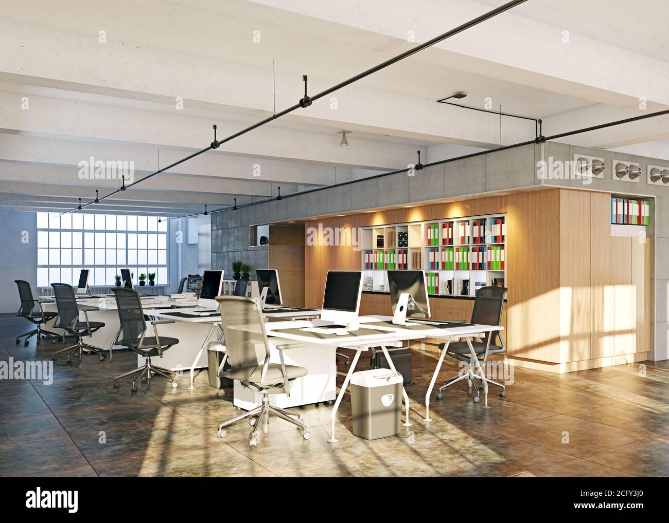 intérieur contemporain pour bureaux en mezzanine. concept de rendu 3d Banque D'Images