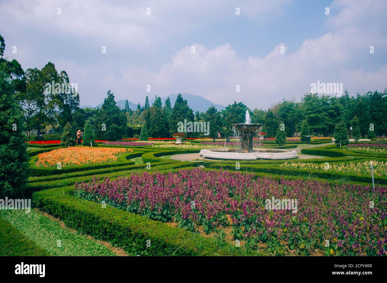 Bogor, Indonésie - VUE sur le parc à thème des fleurs Taman Bunga Nusantara dans un après-midi nuageux avec vue sur une fontaine au milieu d'une flo Banque D'Images