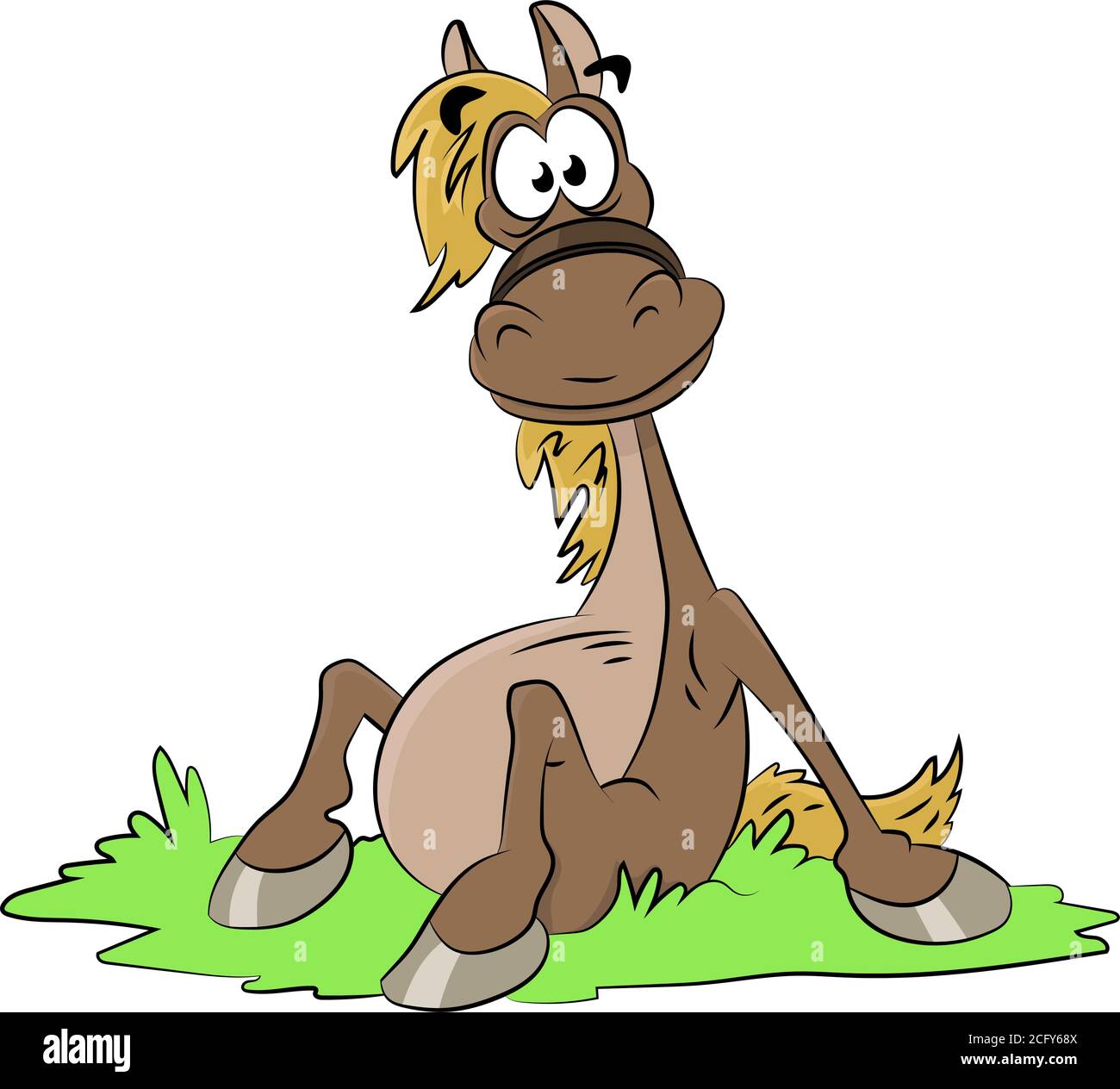 Mignon cheval de dessin animé assis sur l'herbe souriante illustration de vecteur Illustration de Vecteur