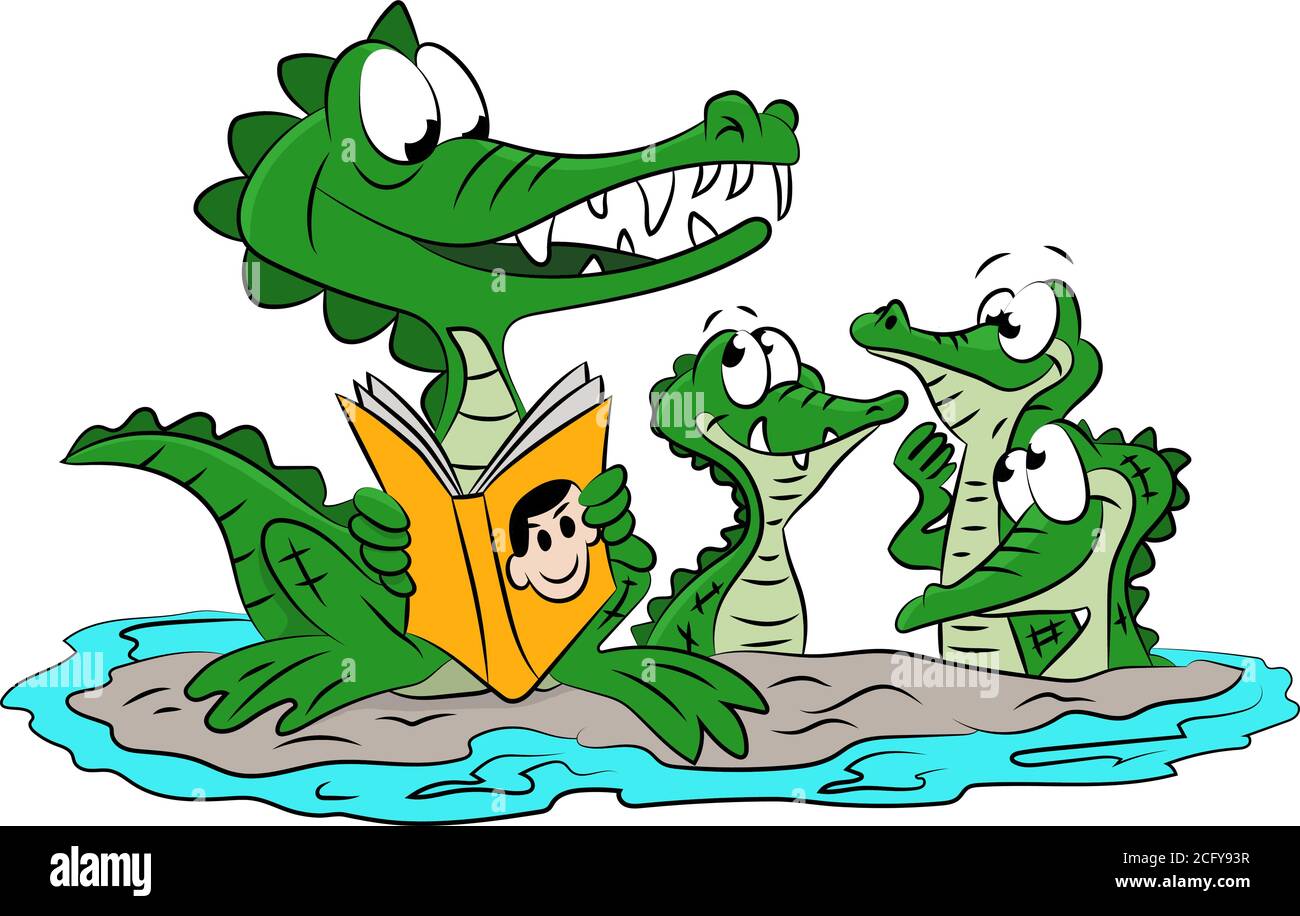 Dessin animé alligator mère lisant des histoires à ses enfants illustration vectorielle Illustration de Vecteur
