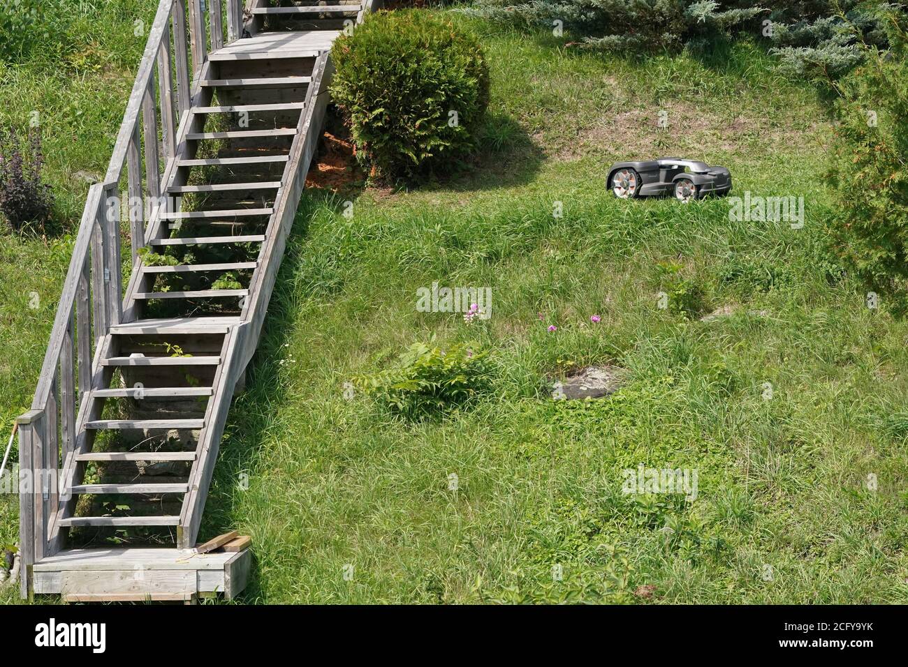 Robot tondeuse coupe l'herbe sur une pente raide Photo Stock - Alamy