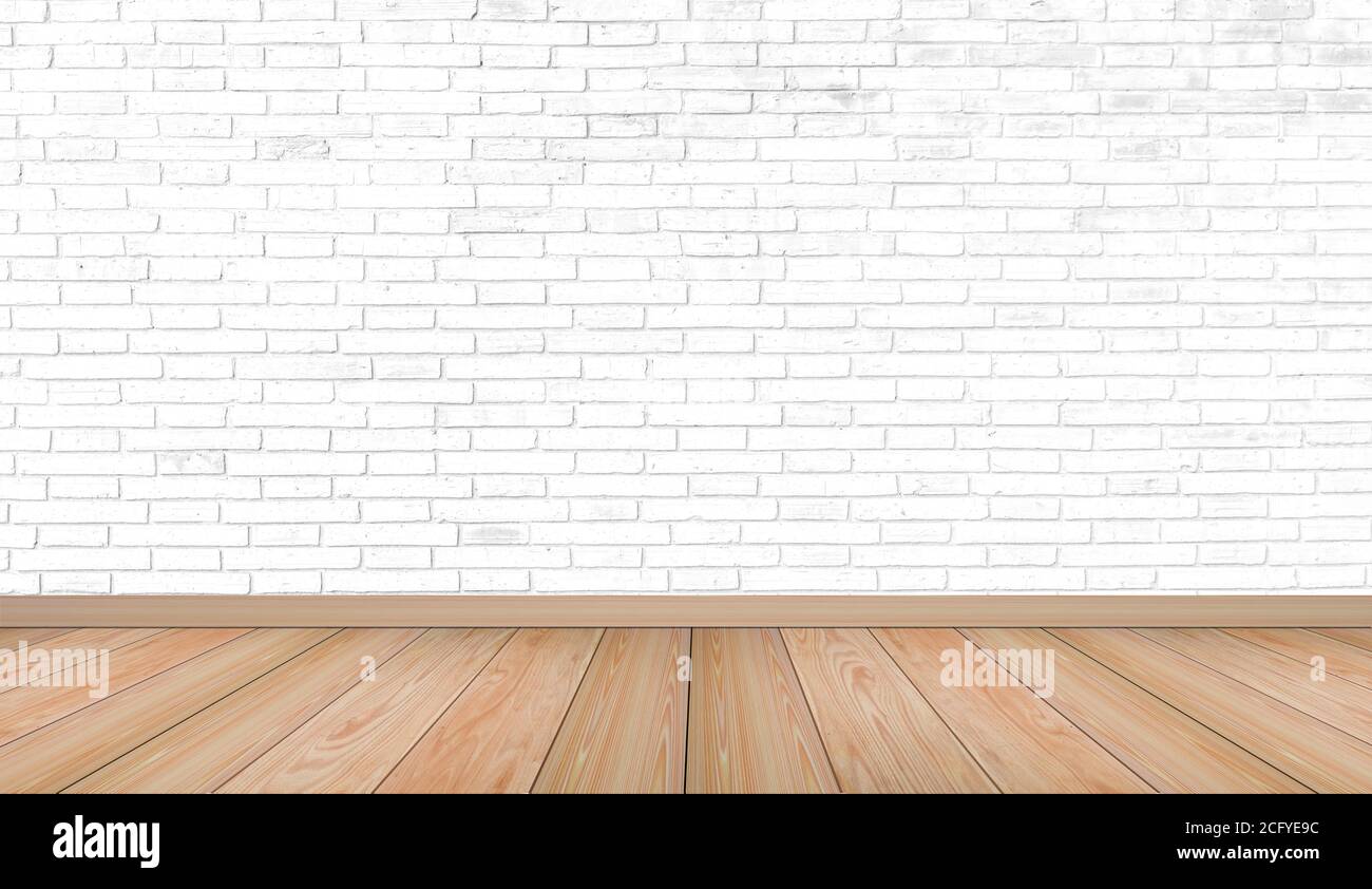 Chambre vide avec mur en brique blanche et parquet brun. Intérieur concept de style vintage Banque D'Images