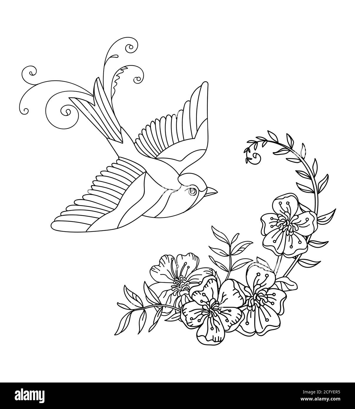 Décoration d'oiseau et fleurs décoratives à lignes vectorielles. Illustration de contour noir isolée sur blanc. Vector main dessiné monochrome modèle pour livre de coloriage, nous Illustration de Vecteur