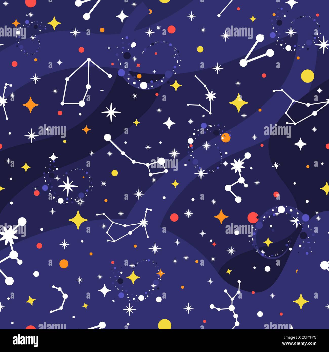 Motif constellation sans couture. Arrière-plan de l'espace. Imprimé galaxie. Modèle spatial avec étoiles, voie laiteuse, constellations, zodiaque, nébuleuse. Vecteur Illustration de Vecteur