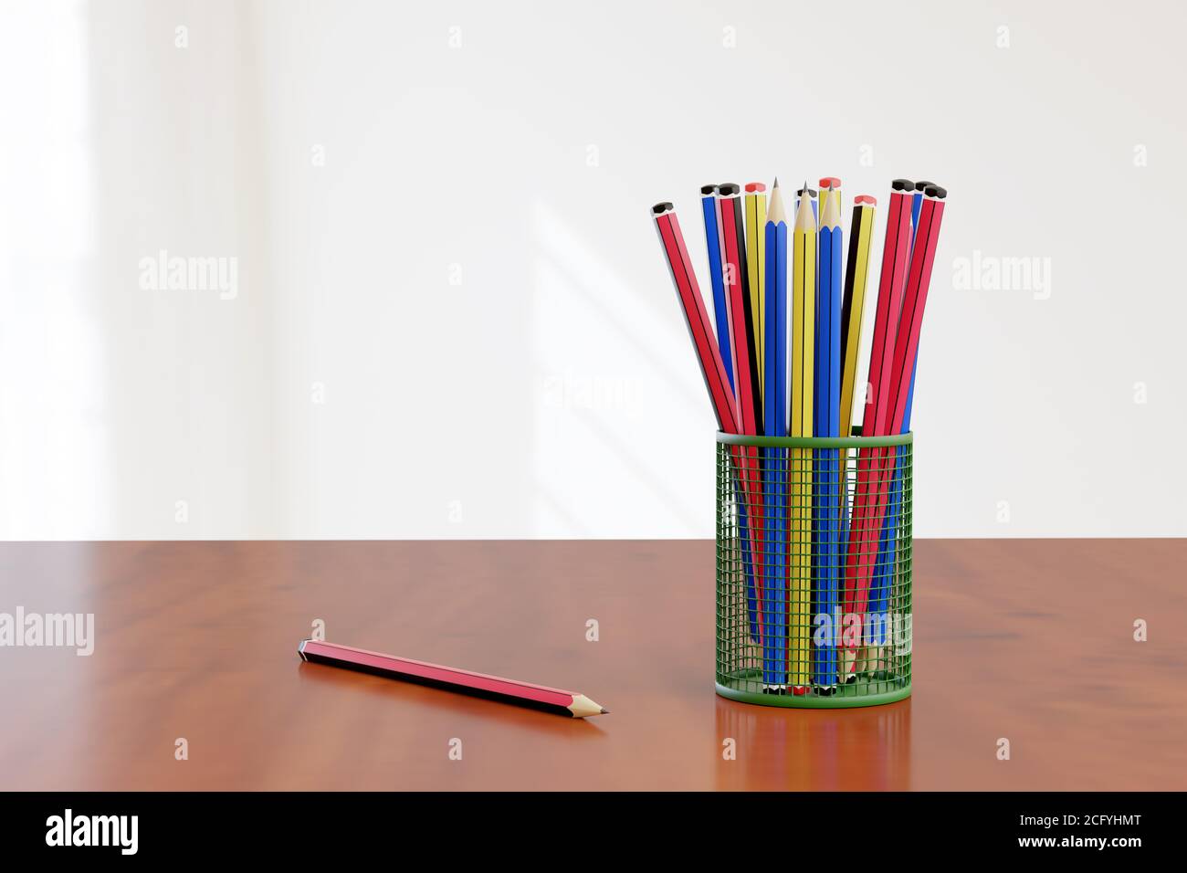 Ensemble de crayons graphite dans un panier sur une table en bois et sur fond blanc. illustration 3d. Banque D'Images