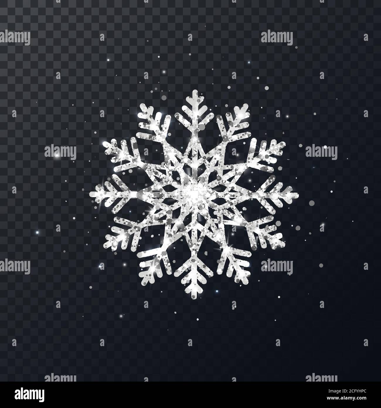 Flocon de neige argenté scintillant sur fond transparent. Flocon de neige brillant de Noël avec des paillettes et des étoiles. Hiver vacances luxe décoration pour cartes Illustration de Vecteur