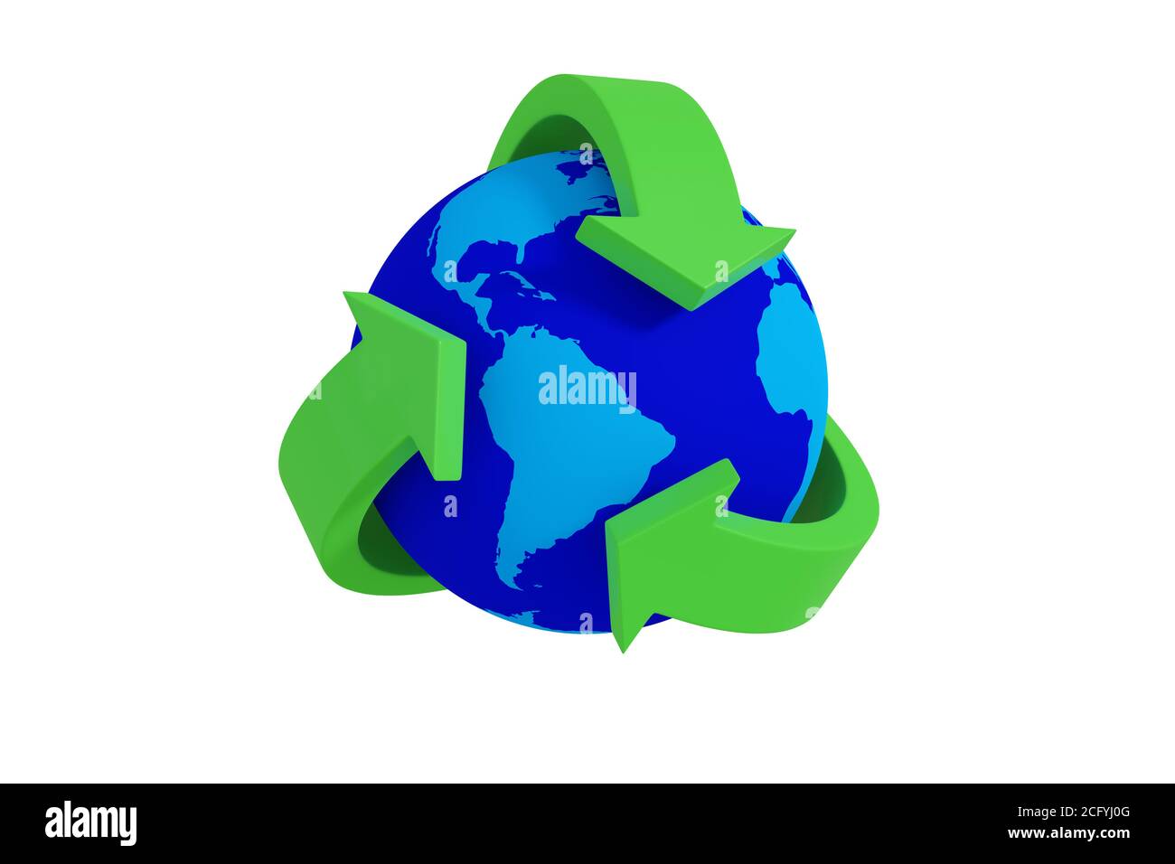 Symbole de recyclage vert entourant la terre isolée sur fond blanc. illustration 3d. Banque D'Images