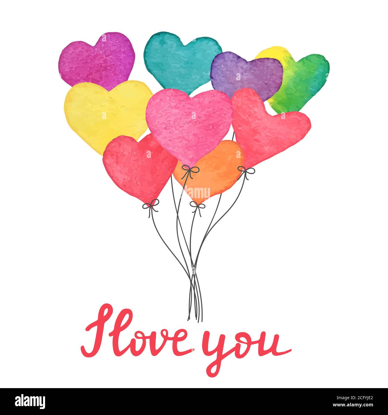 Ballons en aquarelle à coeur dessinés à la main avec texte écrit à la main Je t'aime. Carte de Saint-Valentin faite à la main. Élément de design romantique pour carte de vœux Illustration de Vecteur