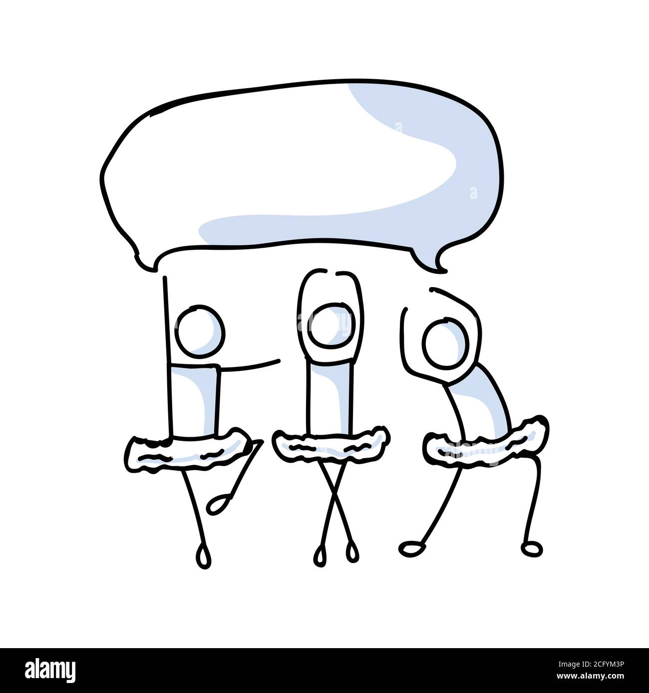 Stickman dessiné à la main trois danseurs de ballet avec le concept de bulle de la parole. Simple contour ballerina figure doodle icône clipart. Pour un studio de danse ou un théâtre Illustration de Vecteur