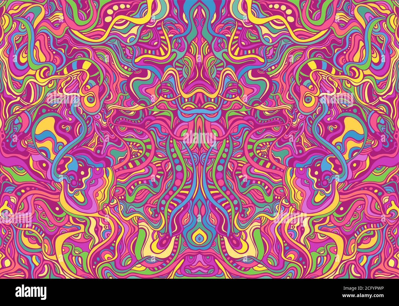 Symmetrycal motley hippie trippy psychédélique résumé motif avec beaucoup de complexes ornements ondulés, néon lumineux multicolore texture de couleur. Illustration de Vecteur