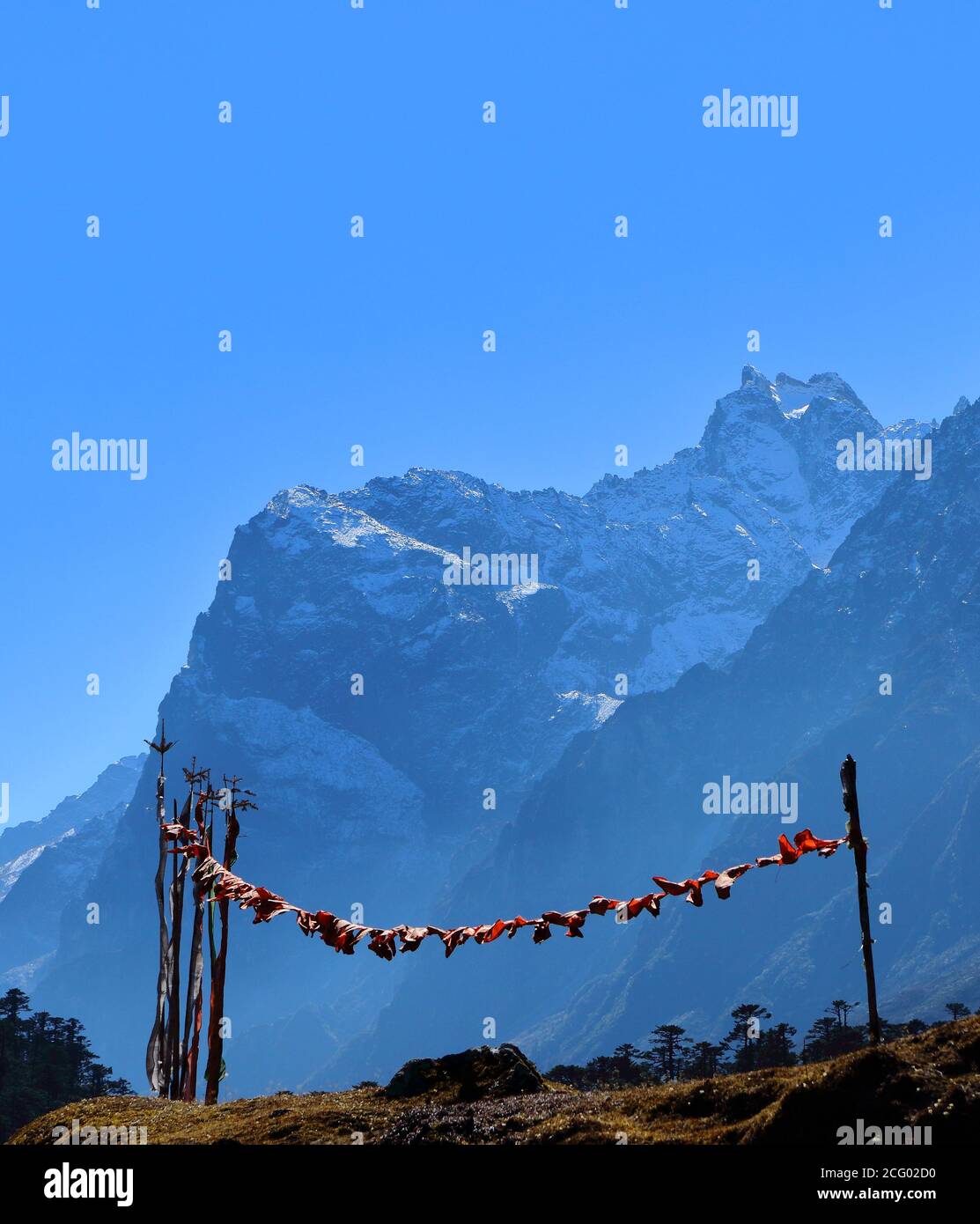 Drapeaux de prière tibétains soufflant avec le vent de haute montagne se situe à l'arrière-plan et le soleil se trouve à l'arrière-plan du vallée de fleurs à Sikkim Inde Banque D'Images
