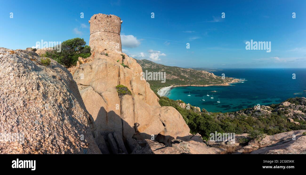 France, Corse du Sud, plage de Roccapina et tour génoise Banque D'Images