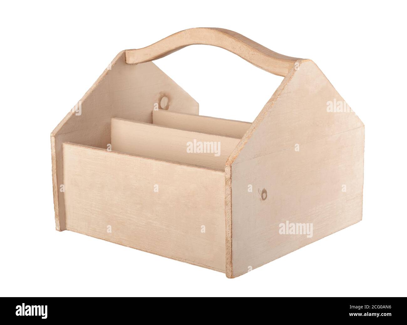 Boîte à outils en bois vide isolée sur fond blanc Banque D'Images