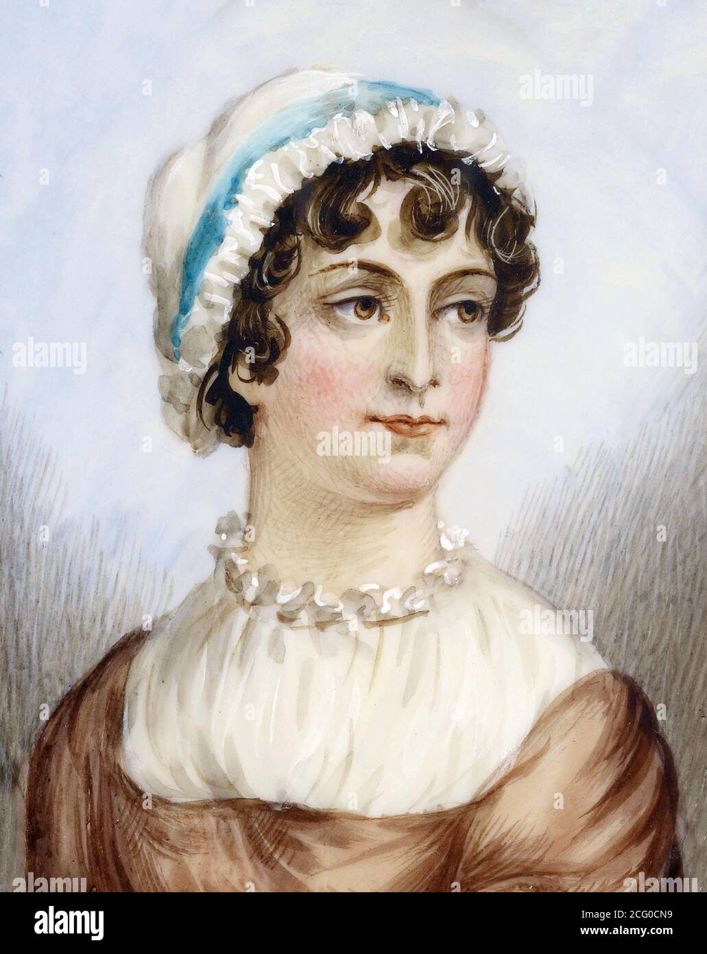 Jane Austen. Portrait en miniature de la romancière anglaise Jane Austen (1775-1817) aquarelle sur ivoire, c. 1870-1890, anonyme Banque D'Images