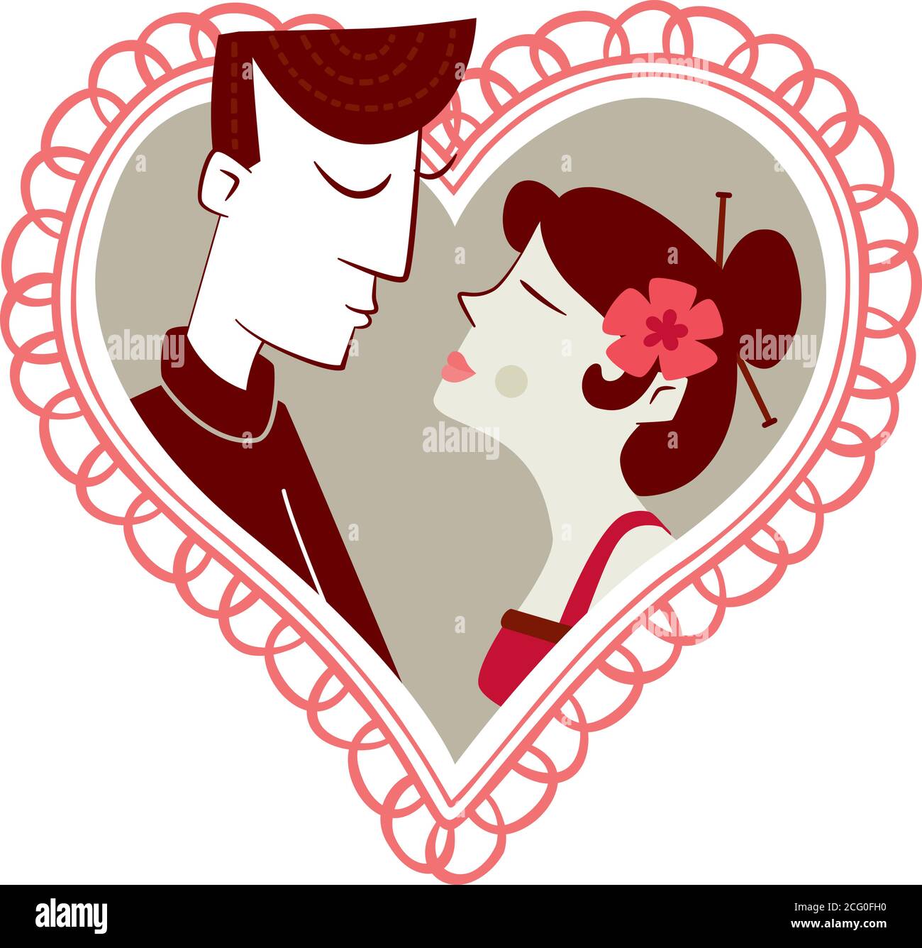 Un jeune homme blanc et une fille de race asiatique baiser sur un fond en forme de coeur. Illustration de Vecteur