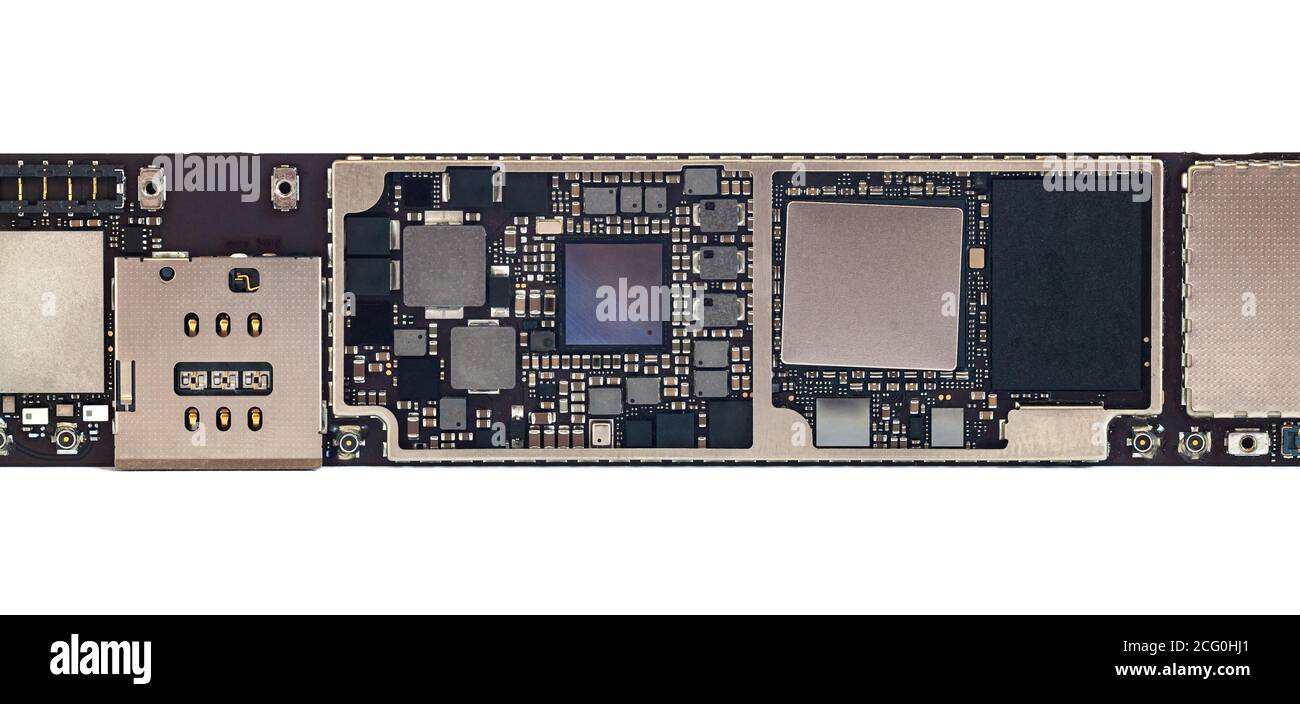 Composants de la tablette de smartphone, carte de circuit imprimé de la tablette mobile moderne avec puces de mémoire vive du processeur et autres composants électroniques. Miniaturisation o Banque D'Images