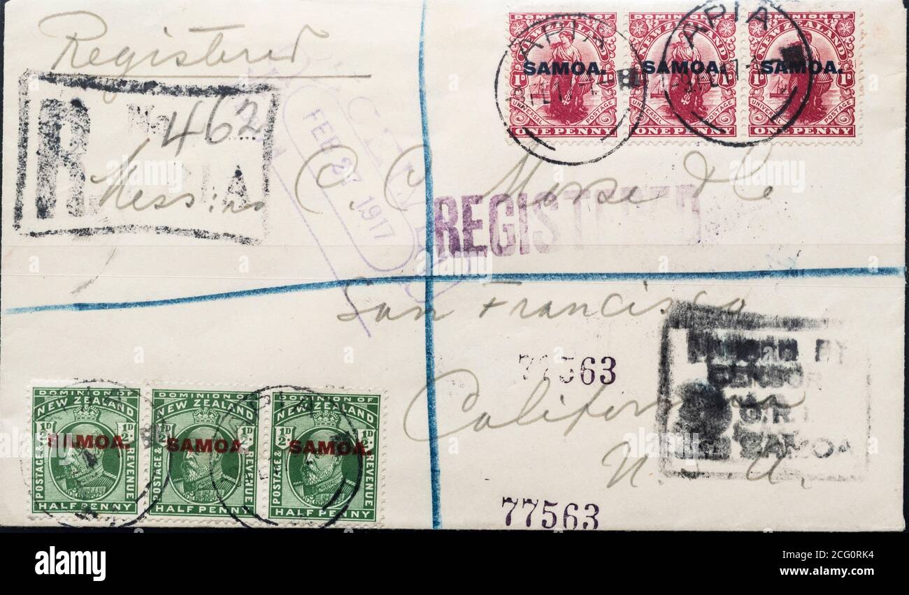 1917 couverture censurée enregistrée (boîte n° 2 en noir) Des Samoa occidentales aux États-Unis (Avec une marque censeur américaine aussi) Banque D'Images