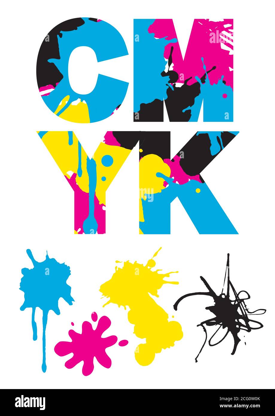 Inscription CMYK avec des splaters colorés. Illustration sur fond blanc. Concept de présentation de l'impression couleur. Vecteur disponible. Illustration de Vecteur