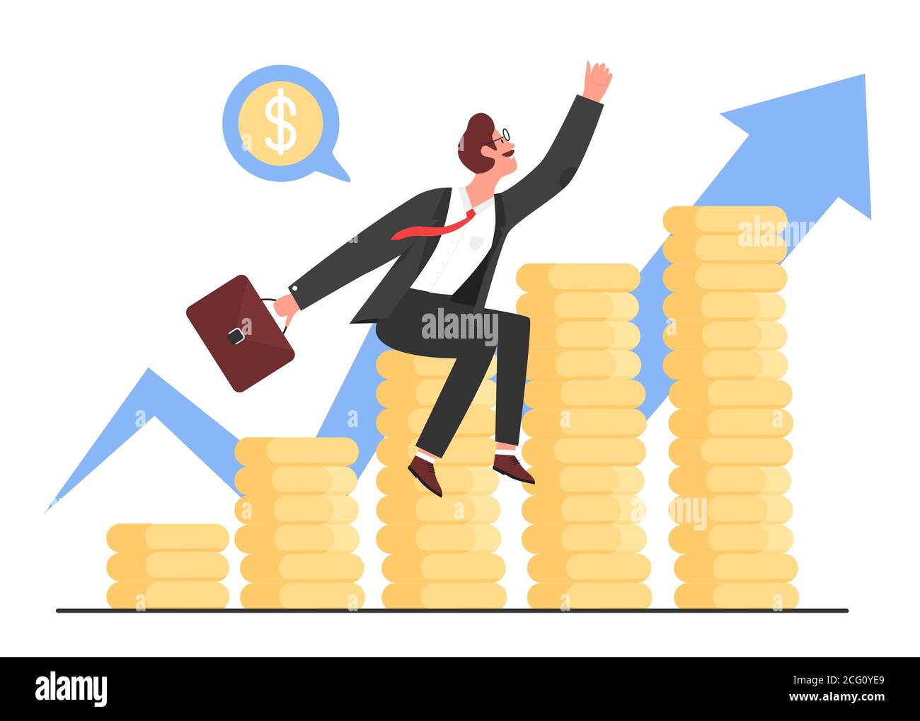 Exemple de réussite commerciale, vecteur de croissance des bénéfices. Caricature homme d'affaires plat assis sur des piles de pièces d'argent d'or à côté de la flèche zigzag qui grandit, efficace entreprise réussie isolée sur blanc Illustration de Vecteur