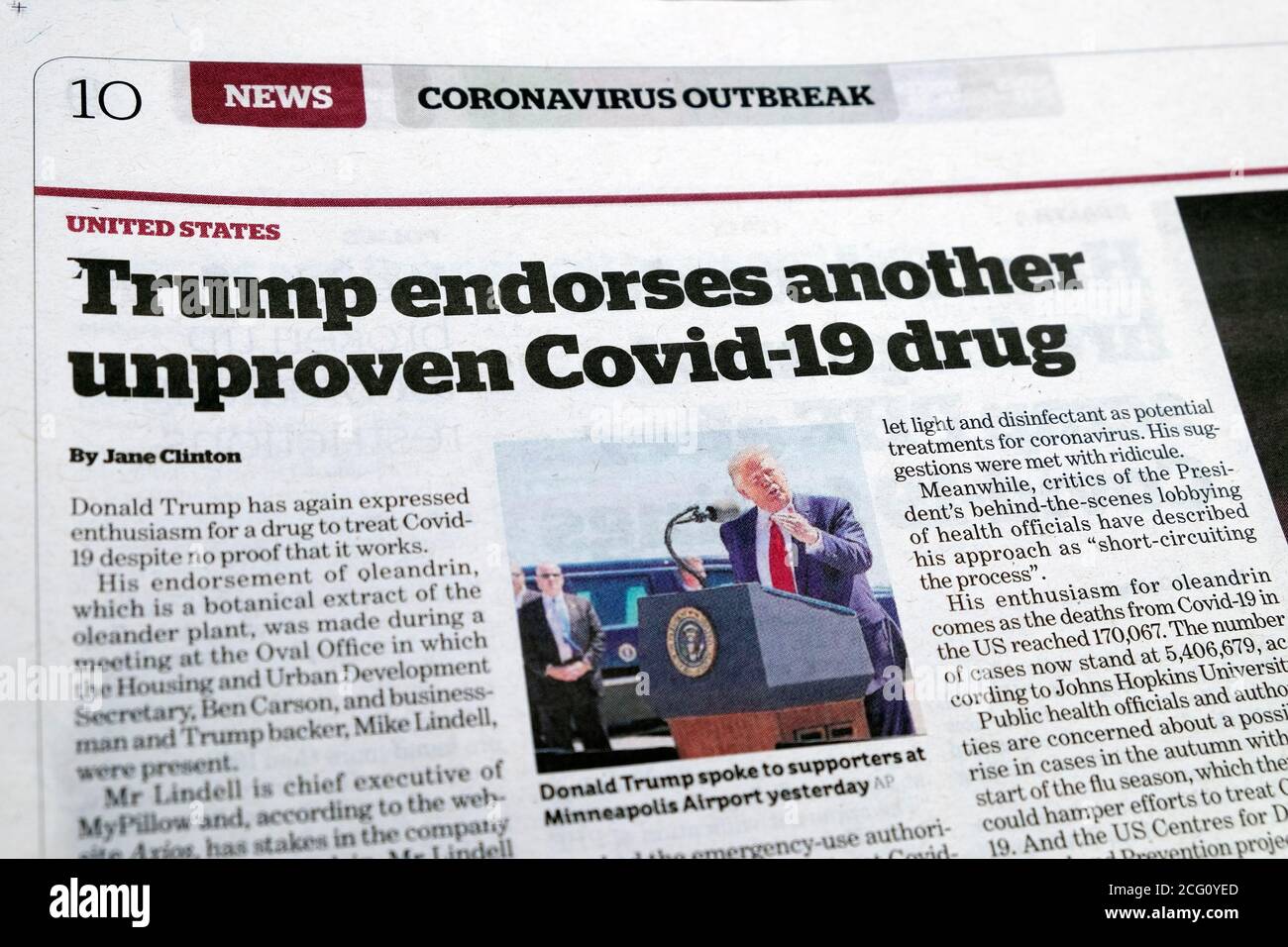 « Trump approuve une autre drogue non prouvée Covid-19 » oléandrin coronavirus Outbreak News Section USA titre du journal britannique en août 2020 Londres Royaume-Uni Banque D'Images