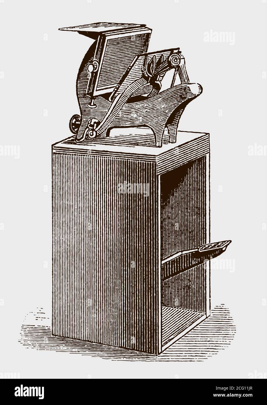 Le plateau de pied antique repose sur un support en bois, dans une vue de trois quarts avant après une gravure du XIXe siècle Illustration de Vecteur