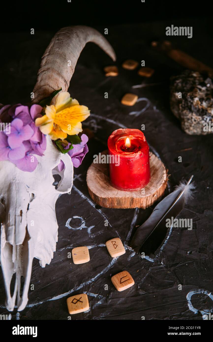 Crâne de chèvre blanc avec cornes, fleurs, vieux livre ouvert, bougies sur table de sorcière. Occulte, ésotérique, divination et wicca concept. Halloween, jour de la dea Banque D'Images