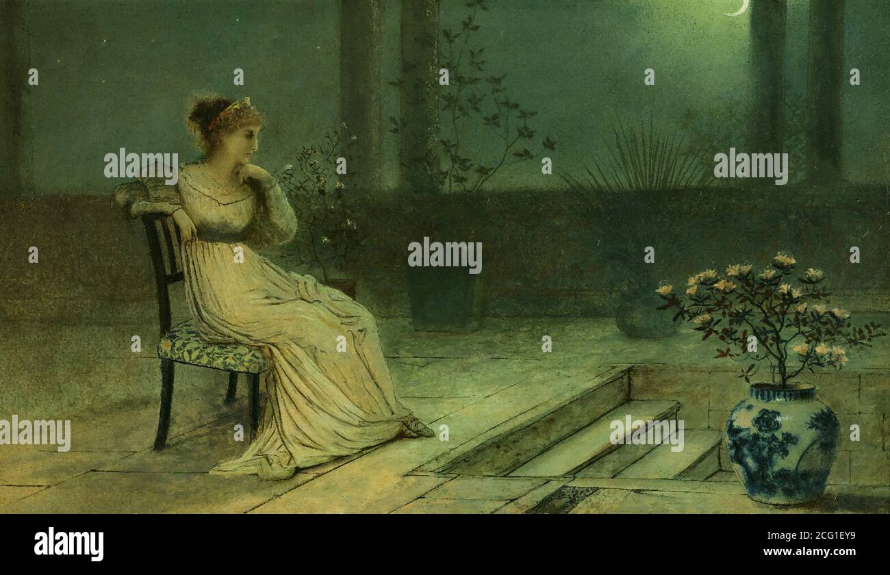 Grimshaw John Atkinson - une jeune fille classique assise sur un Terrace by Moonlight - British School - XIXe siècle Banque D'Images
