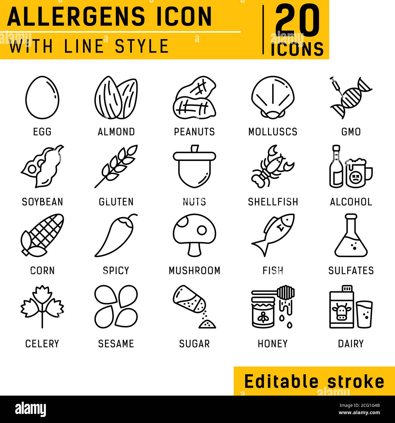 Jeu de vecteurs d'icônes de ligne allergènes. Isolé sur fond blanc. Icône allergènes avec style de ligne. Symboles allergènes alimentaires : collection de symboles d'emblèmes Illustration de Vecteur