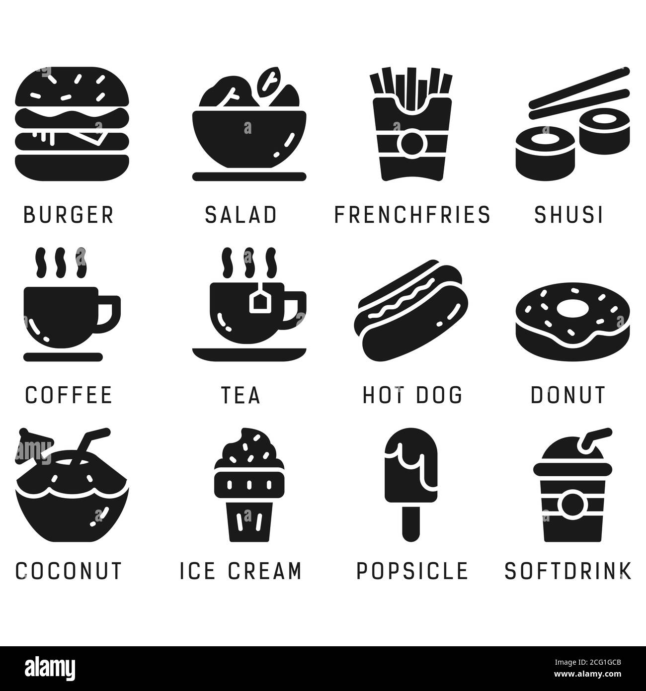 Ensemble d'icônes de nourriture et de boissons avec style glyphe sur fond blanc isolé. Ensemble d'icônes vectorielles nourriture et boissons, hamburger, noix de coco, salade, hot dog, shusi Illustration de Vecteur