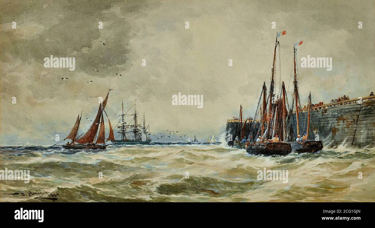 Hardy Thomas Bush - bateaux de pêche à la sortie d'un quai à Météo venteuse - British School - 19e siècle Banque D'Images