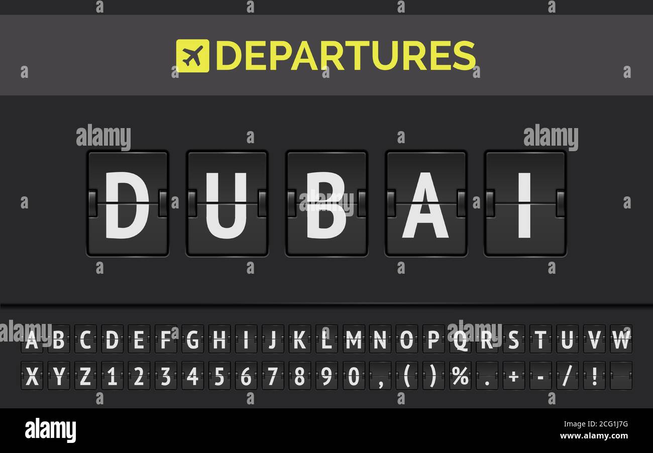 Tableau de conférence de l'aéroport pour présenter le vol à destination de Dubaï dans les émirats arabes. Illustration vectorielle de la carte mécanique des départs Illustration de Vecteur