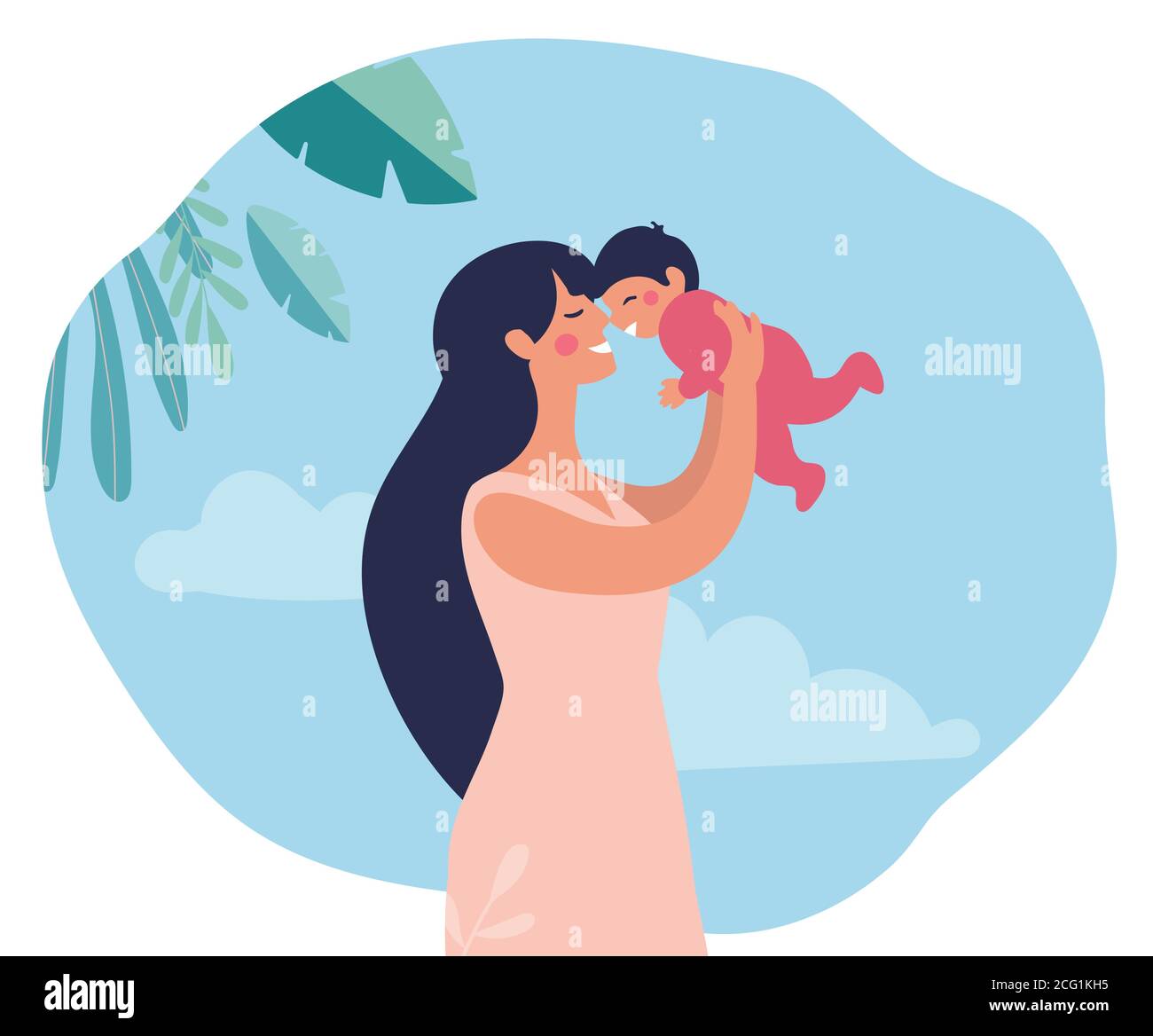 Une maman heureuse tient le bébé dans ses bras sur un fond naturel. Une femme joue avec sa fille ou son fils. Illustration vectorielle plate isolée sur fond blanc Illustration de Vecteur