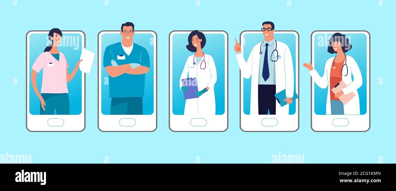 Ensemble de téléphones avec des personnages masculins et féminins de médecins sur l'écran. Concept de consultation clinique en ligne, par appel et par vidéo avec des spécialistes médicaux. Illustration vectorielle plate Illustration de Vecteur