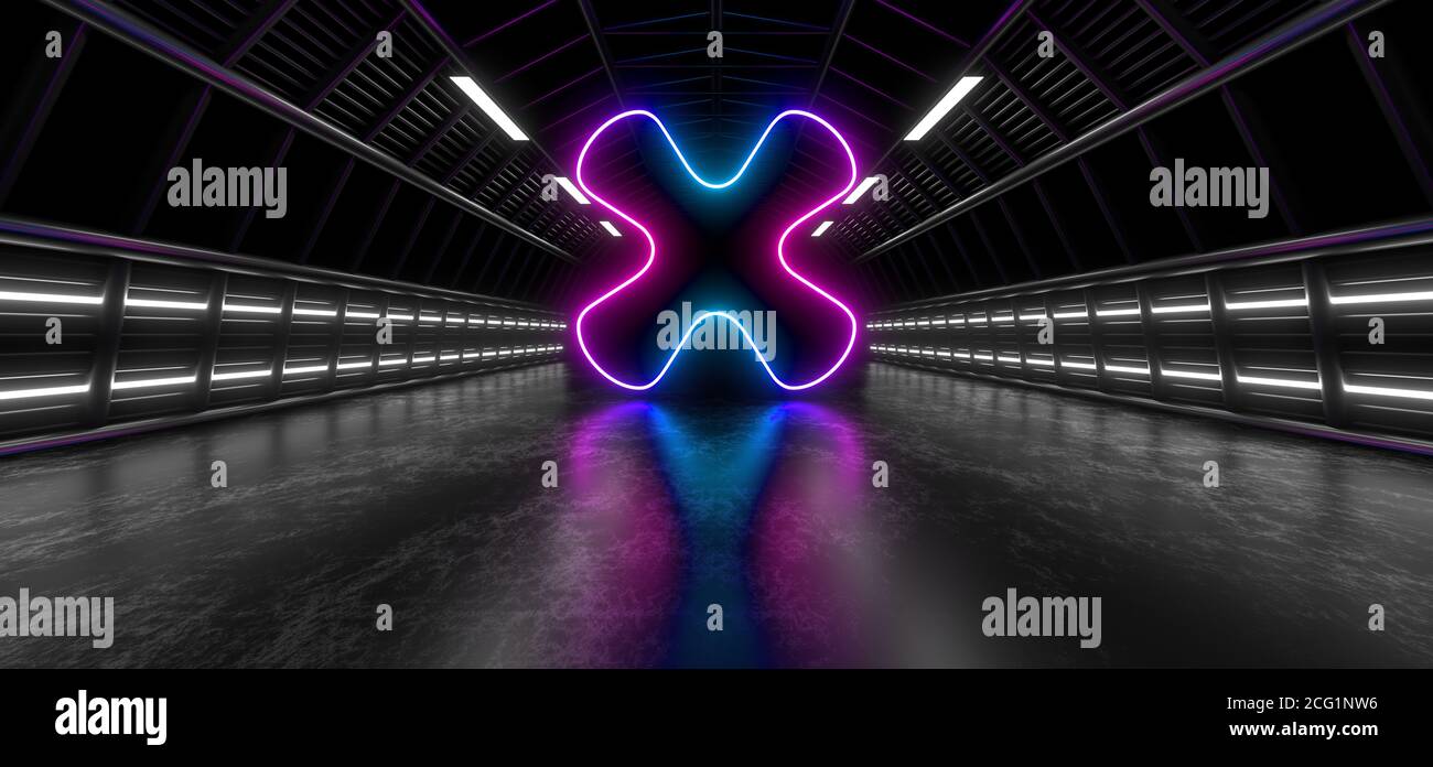Un tunnel sombre de tuyaux illuminés par des lampes et des lampes au néon blancs. Réflexion floue sur le sol. image de rendu 3d. Banque D'Images