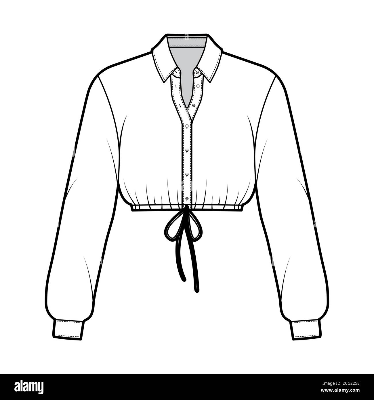 Chemise courte de mode technique avec col de base, manches longues, ourlet  avec cordon, fermeture à boutons sur le devant. Modèle de blouse de  vêtements plats sur le devant, couleur blanche. Femmes