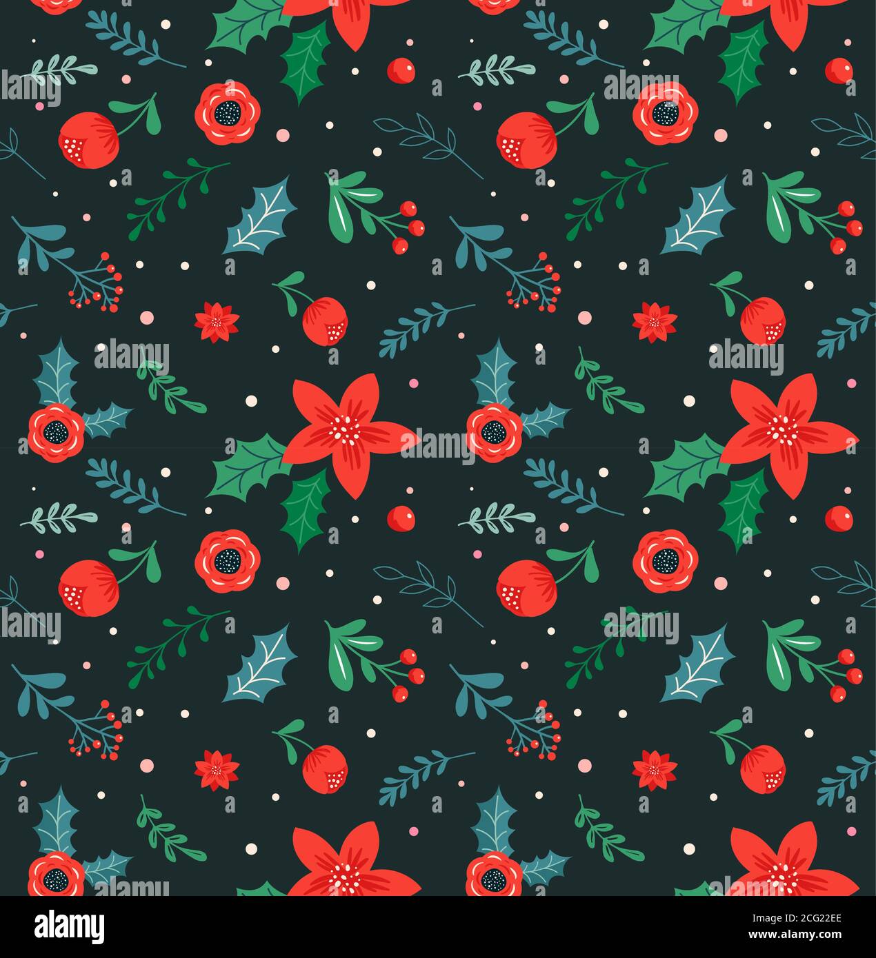 Motif de Noël sans couture et arrière-plan abstrait, illustrations botaniques avec fleurs et feuilles rouges. Illustration de Vecteur