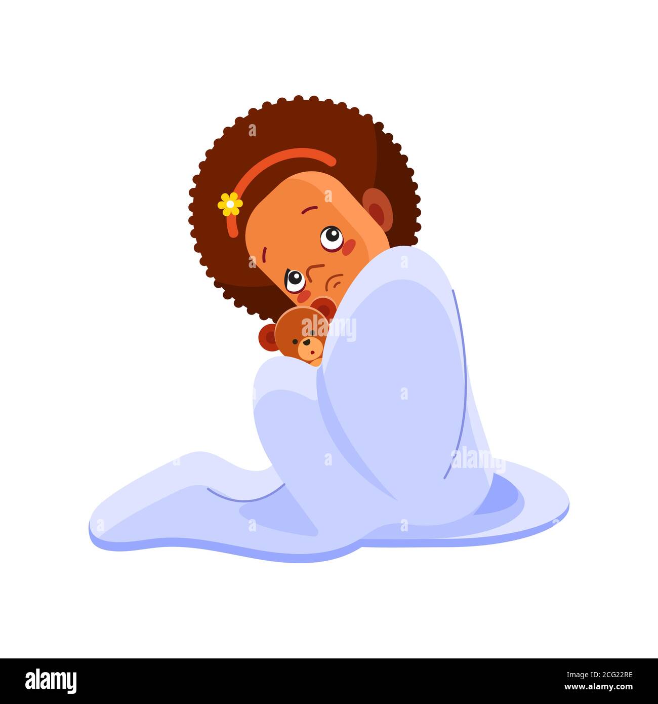 Une petite fille afro-américaine a la grippe. Enfant malade fille assise dans le lit avec l'ours jouet et soufflant son nez, se sentent si mauvais avec la fièvre. Vecteur de dessin animé Illustration de Vecteur