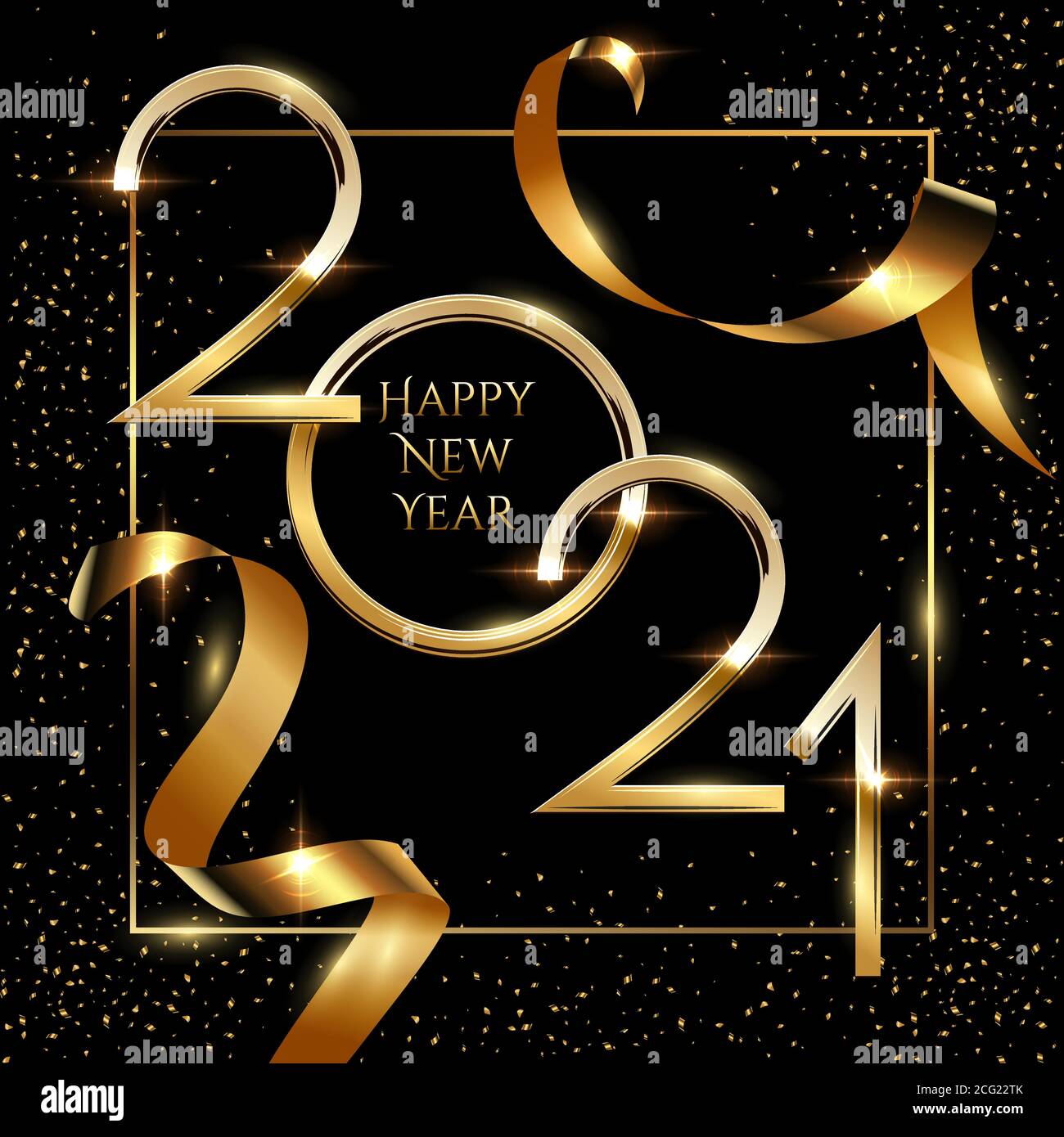 Modèle de vecteur de carte de vœux de bonne année. Bannière de Noël sur les réseaux sociaux avec Félicitations. Nombre Golden 2021 dans le cadre avec Illustration de Vecteur