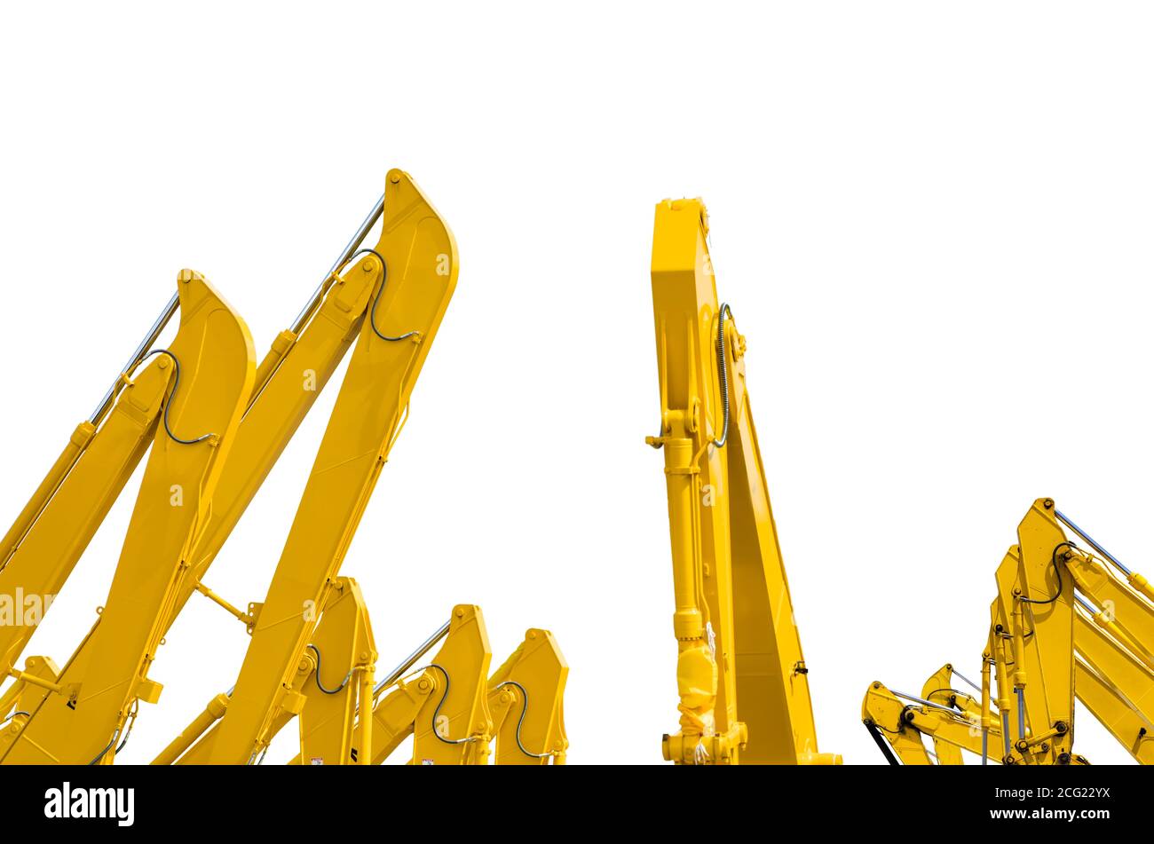 Pelleteuse jaune avec bras de piston hydraulique isolé sur blanc. Machine lourde pour l'excavation en chantier de construction. Des machines hydrauliques. Énorme bulldozer. Banque D'Images