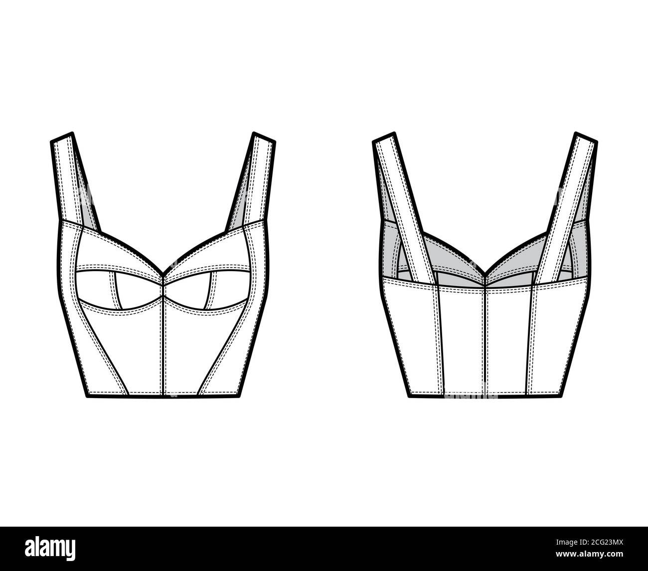 Illustration de mode technique haut de gamme Bustier avec silhouette de  corset, bonnets moulés, coupe ajustée, fermeture à glissière dans le dos.  Modèle de vêtement plat à l'avant, à l'arrière, de couleur