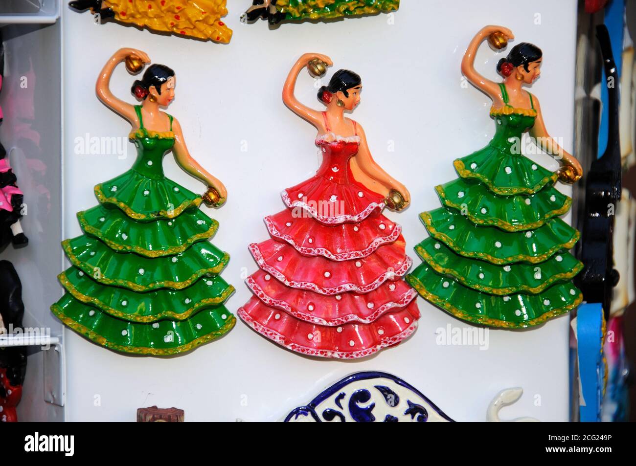 Souvenir danseur flamenco réfrigérateur aimants, Malaga, Espagne. Banque D'Images