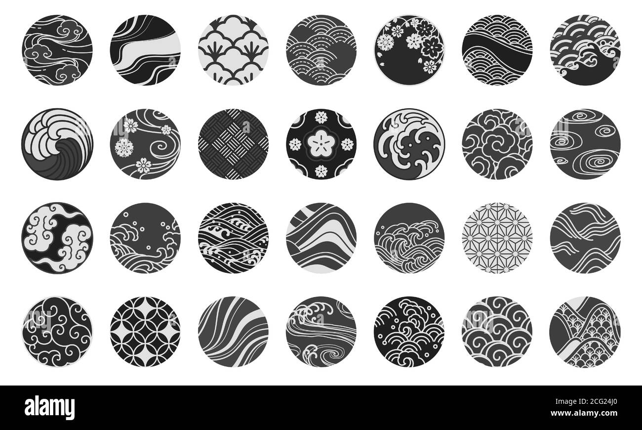 Illustration vectorielle représentant un emblème japonais et un symbole en forme de rond.vague océanique d'eau de mer, nuage et vent chinois,sakura,textiles,porcelaine,millésime traditionnel Illustration de Vecteur