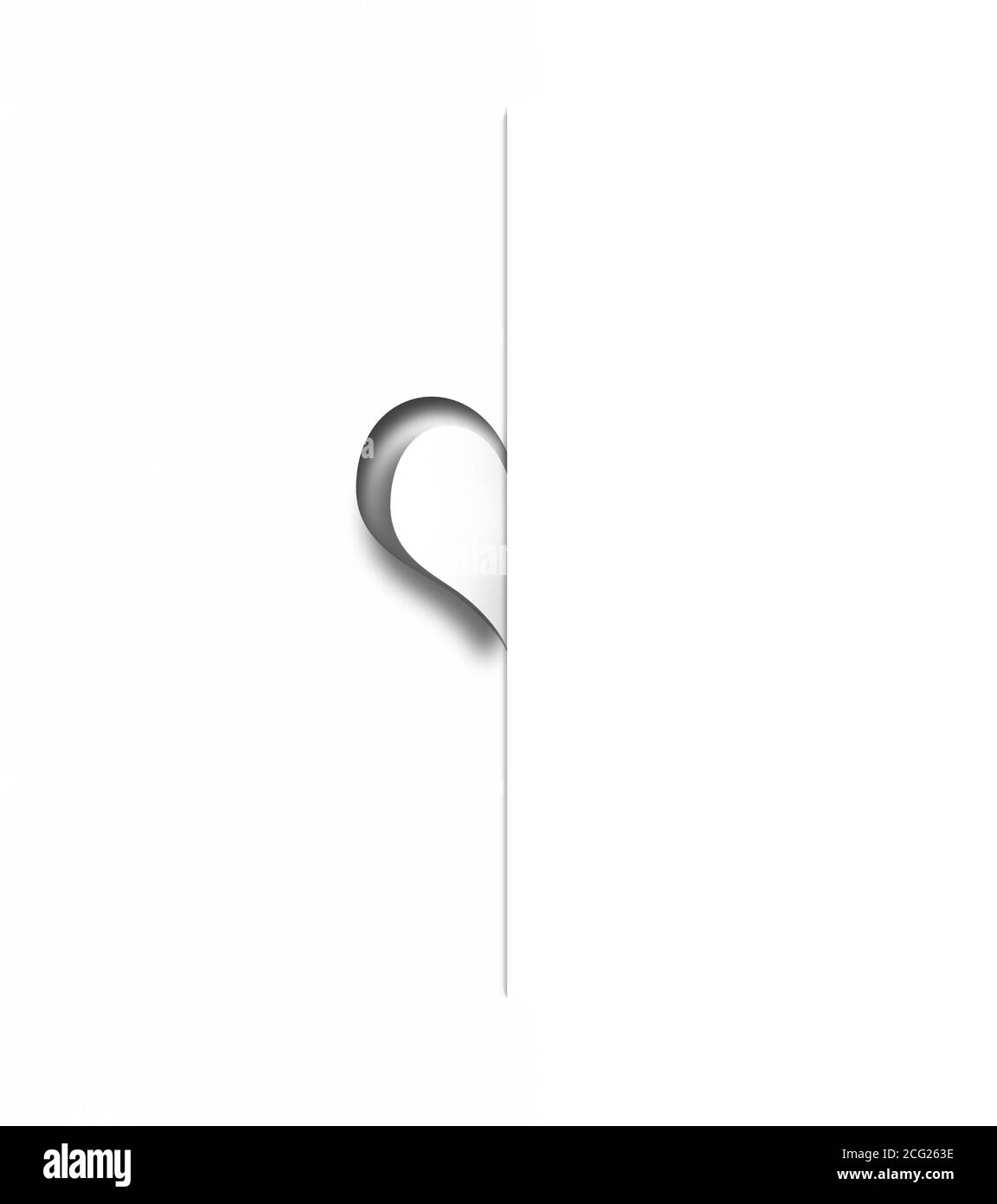 Demi-cœur en papier plié découpé sur fond blanc. Noir et blanc. Illustration 3D Banque D'Images