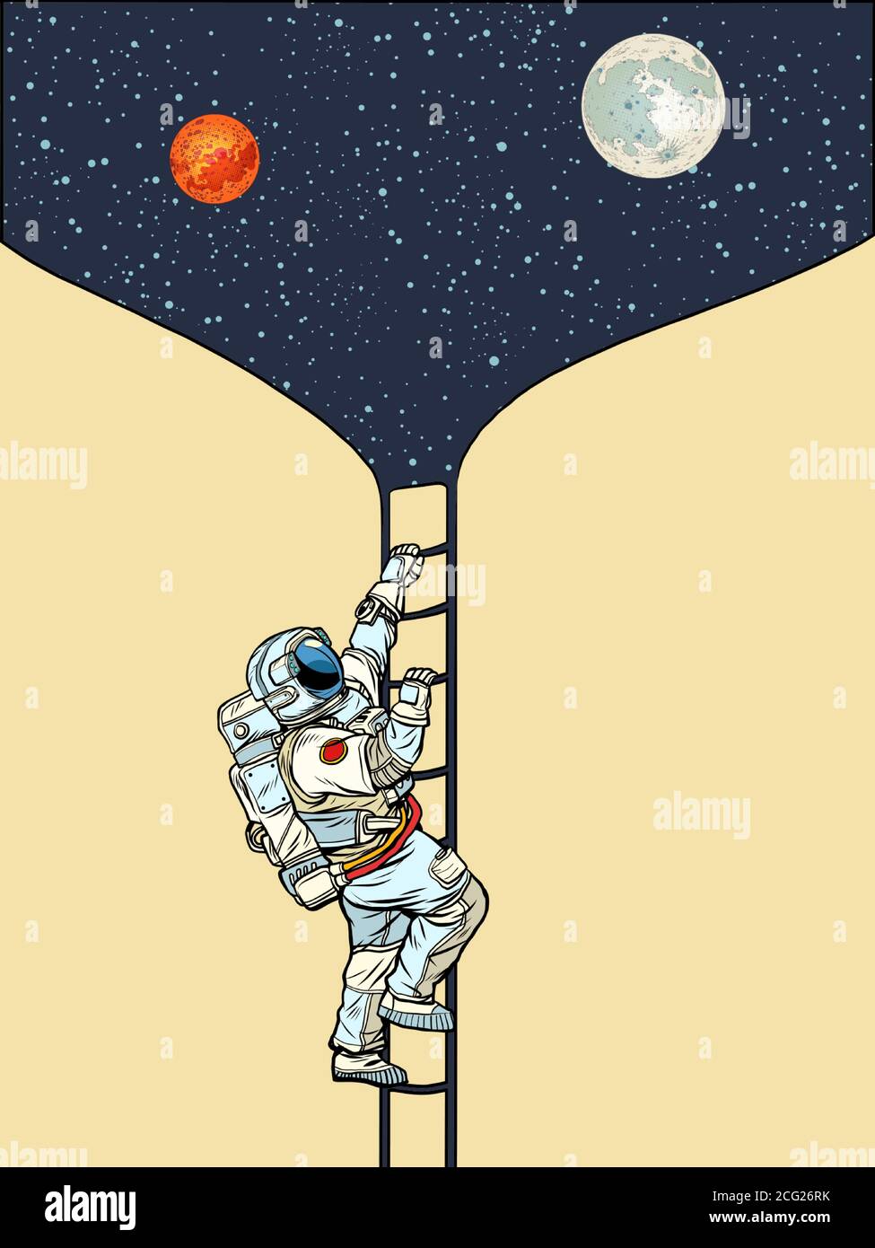 Un astronaute va dans l'espace jusqu'à la lune et Mars Illustration de Vecteur